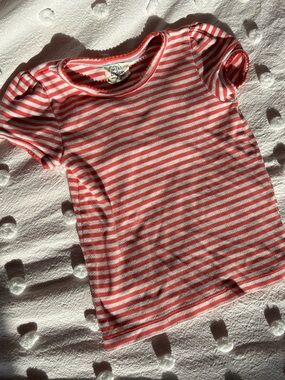 Mini Boden Pointelle Puff Sleeve Tee | Coral and White Striped T-Shirt